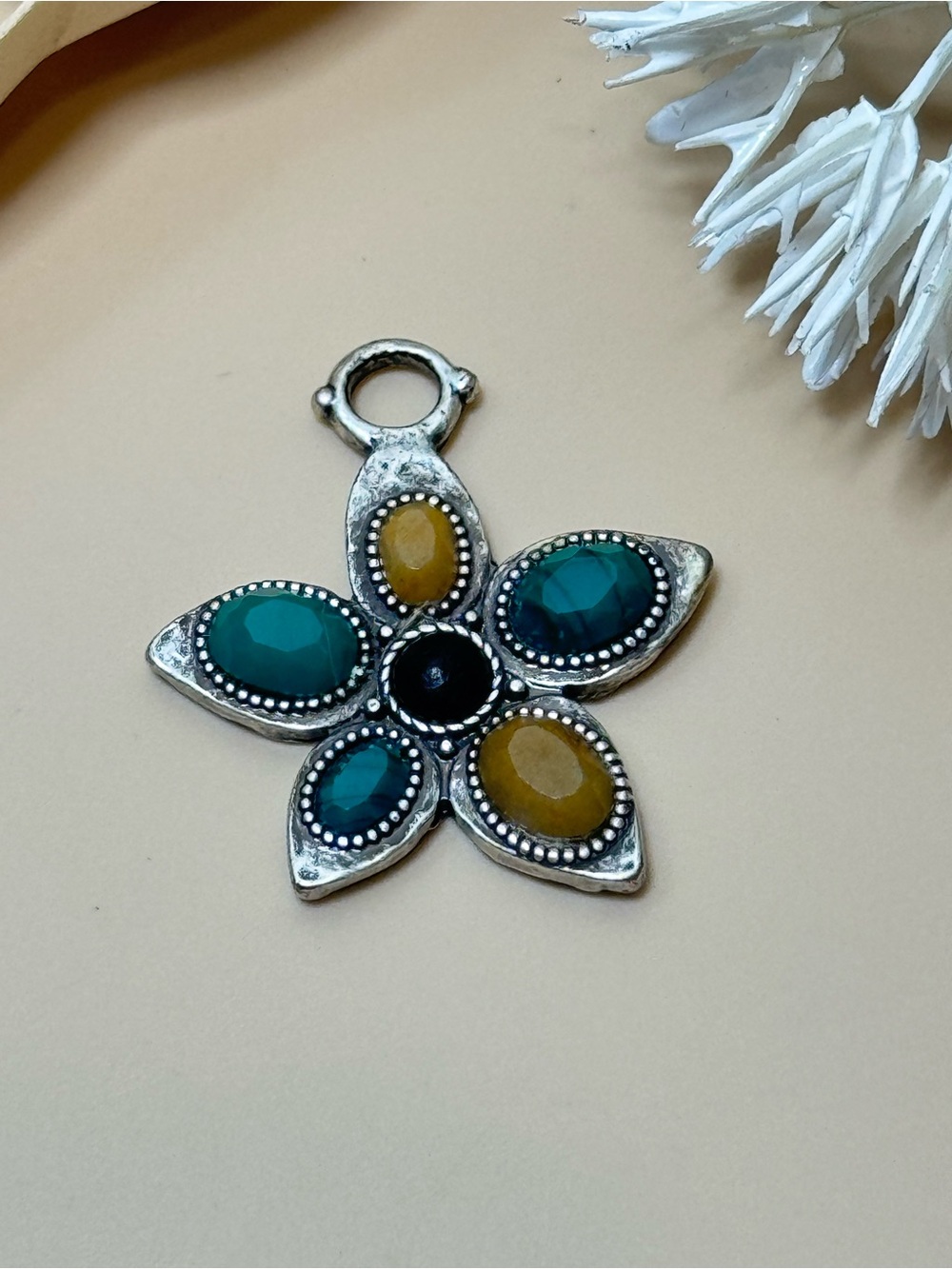 Vintage Silver Tone Multicolor Stone Flower Pendant Charm Boho Jewelry